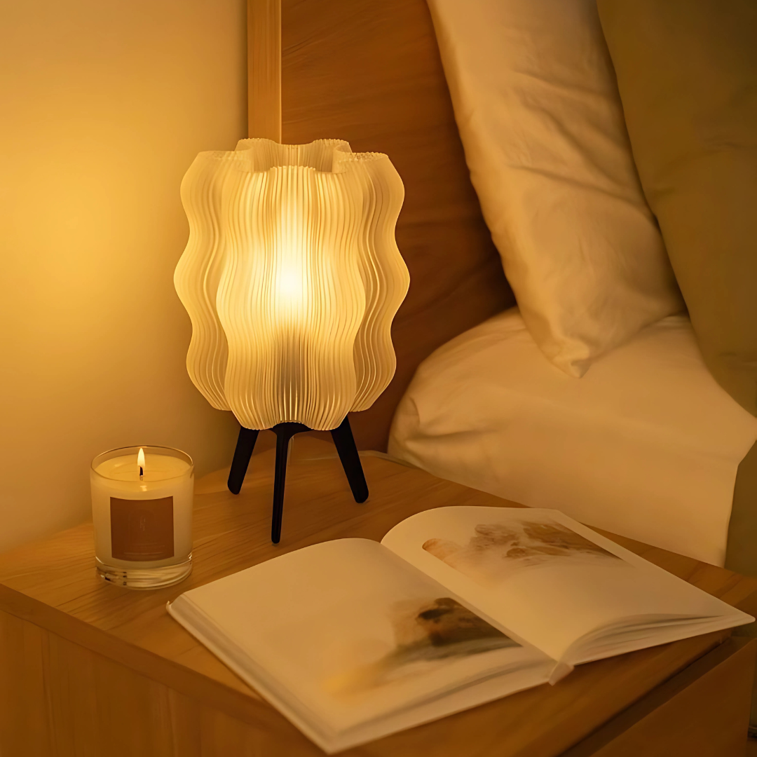 Wavy Retro Amber 3D Printed Lamp – Modern Sculptural Funky Table Lamp, Sustainable Desk & Office Lamp, Unique Home Decor